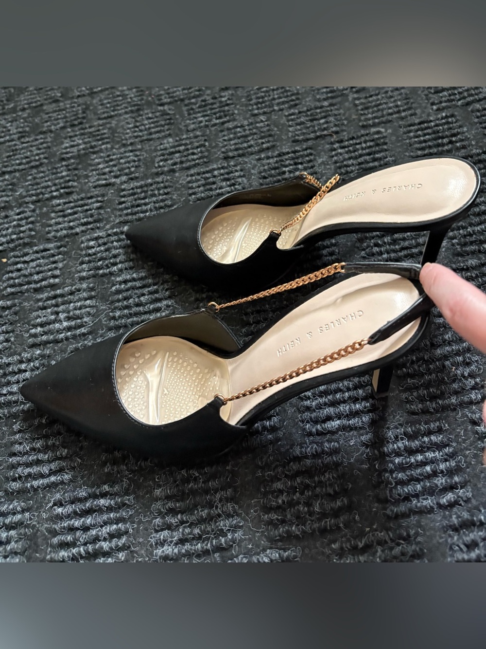 Charles & Keith Faux Leather Pointed Slingback Heels with Gold Chain Detail